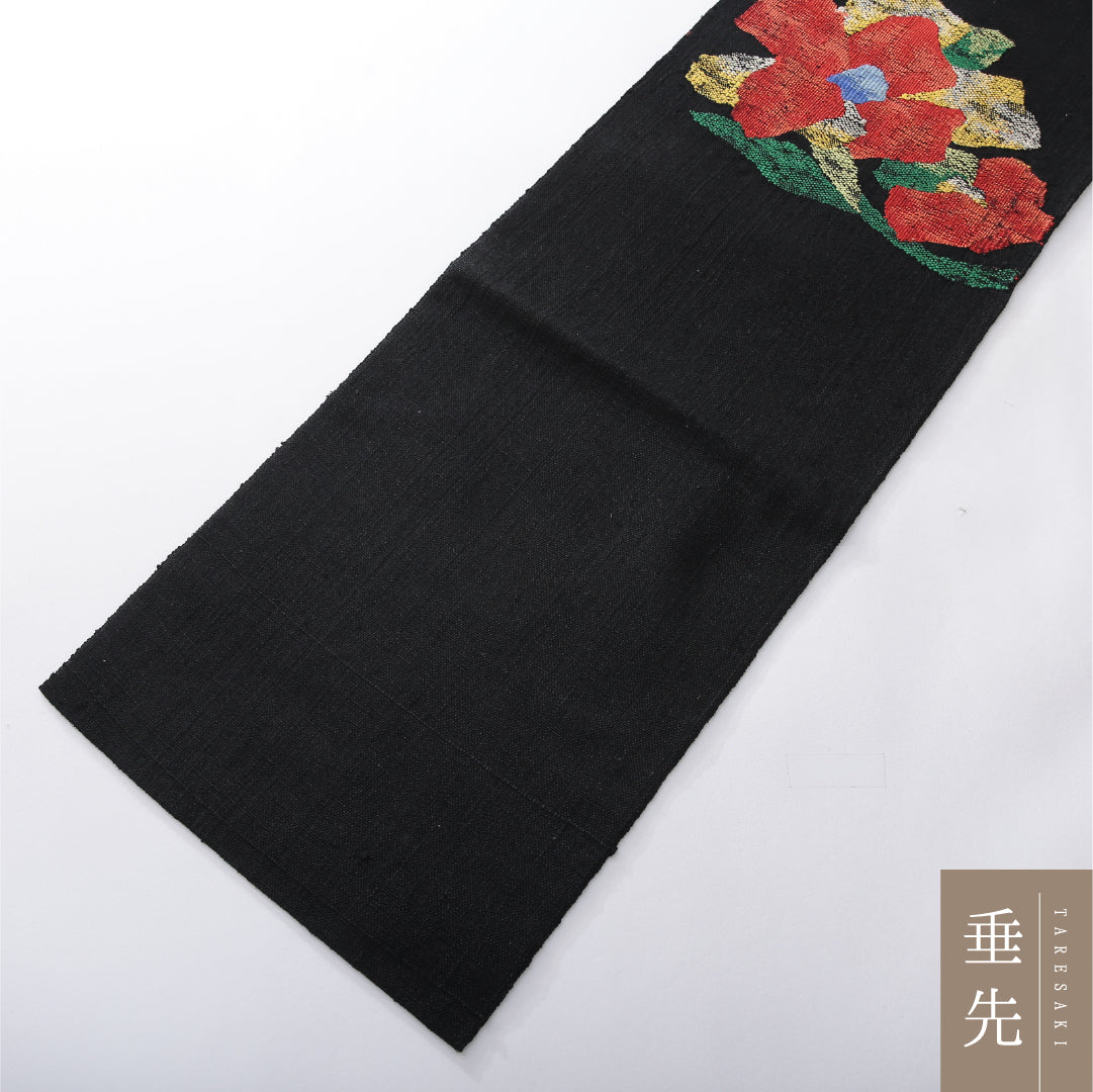 八寸名古屋帯 Aランク 帯丈333cm 正絹 ポイント柄 松葉仕立て 織り カジュアル 花柄 黒系 RP 1245-03895