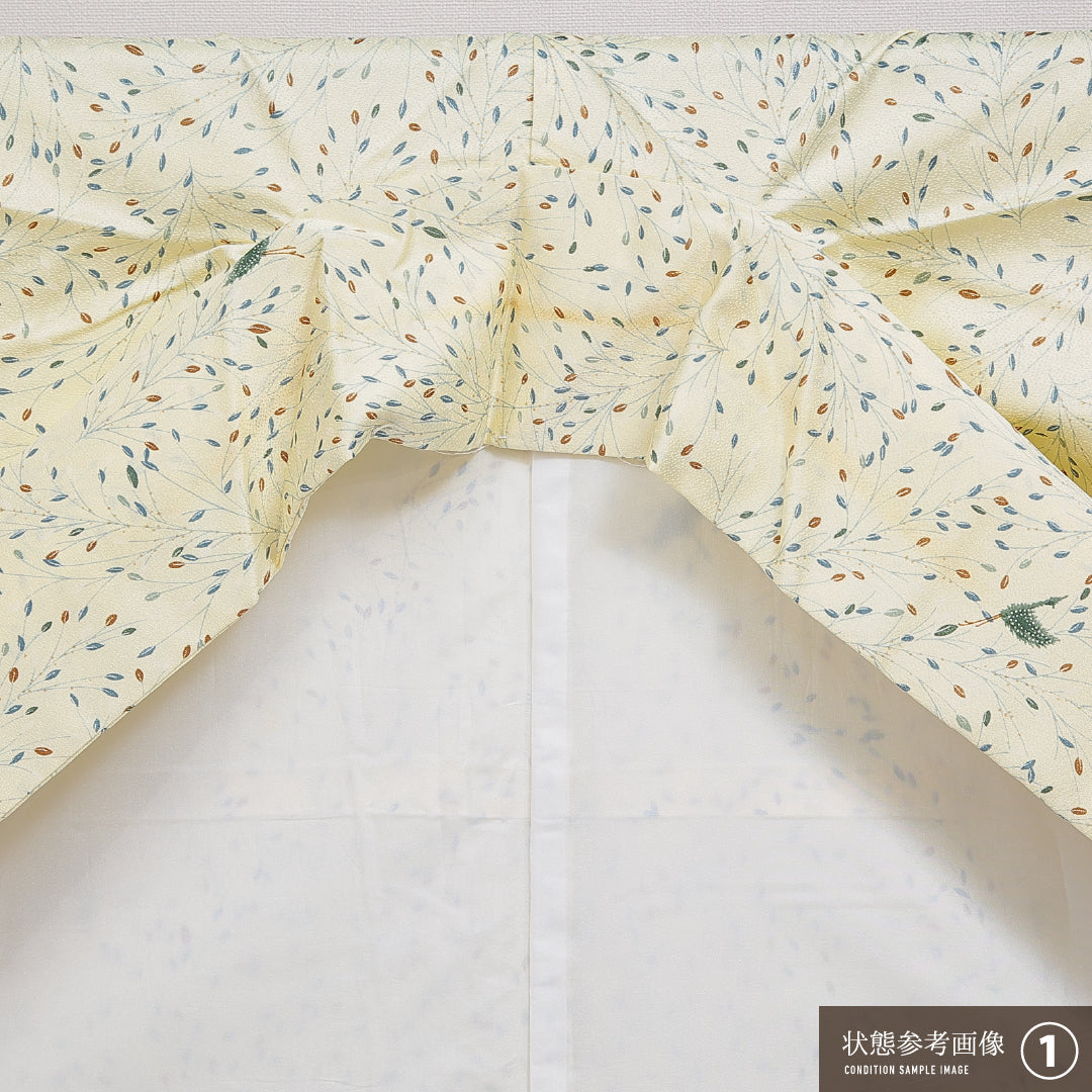 洗える着物 小紋 袷 身丈156cm 裄丈61cm ポリエステル Aランク インフォーマル 広衿 Mサイズ 花喰鳥 黄系 RP 1221-15986