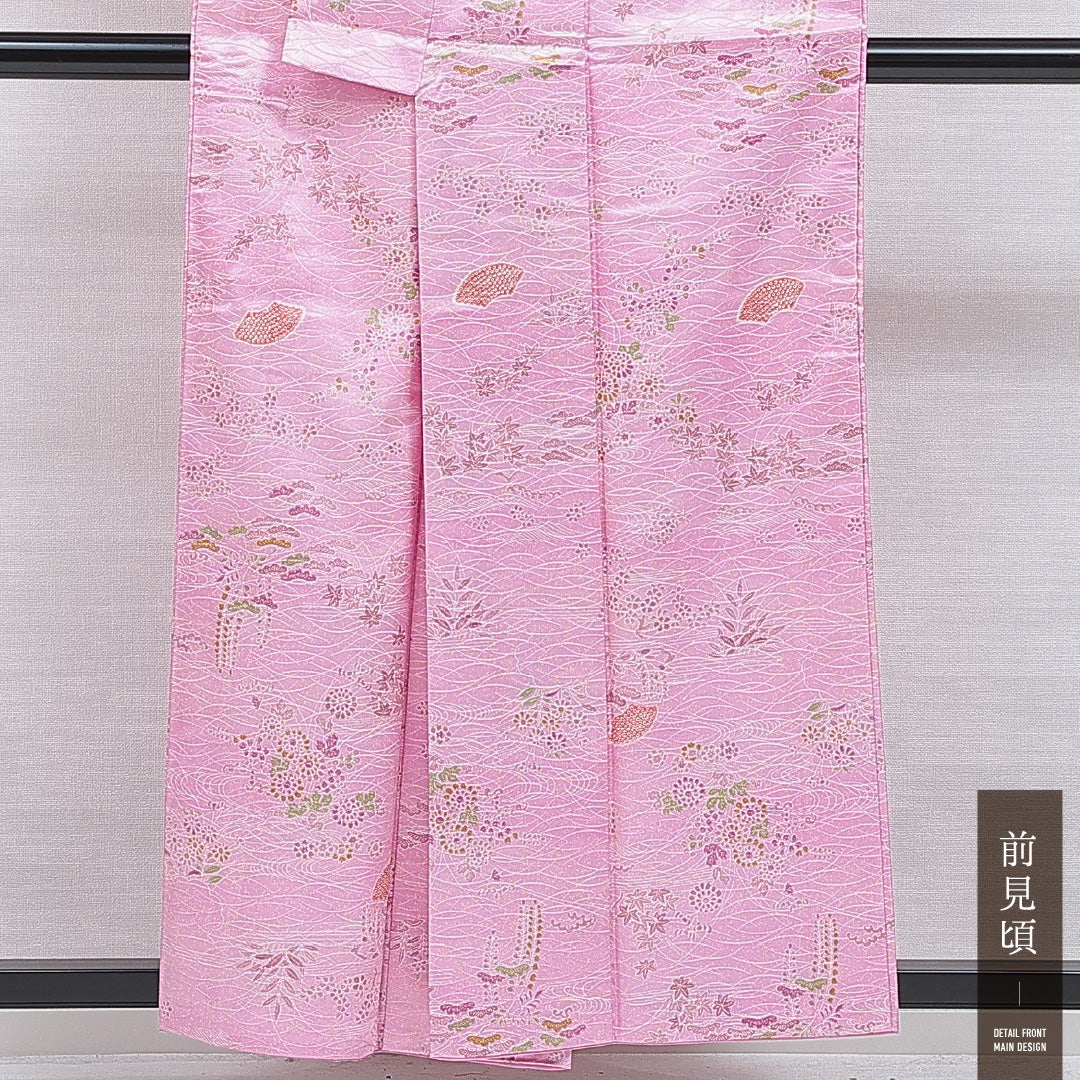 洗える着物 小紋 袷 身丈156cm 裄丈63cm ポリエステル Sランク インフォーマル 広衿 Mサイズ 芝草 菊 紅葉 ピンク系 RP 1221-15979