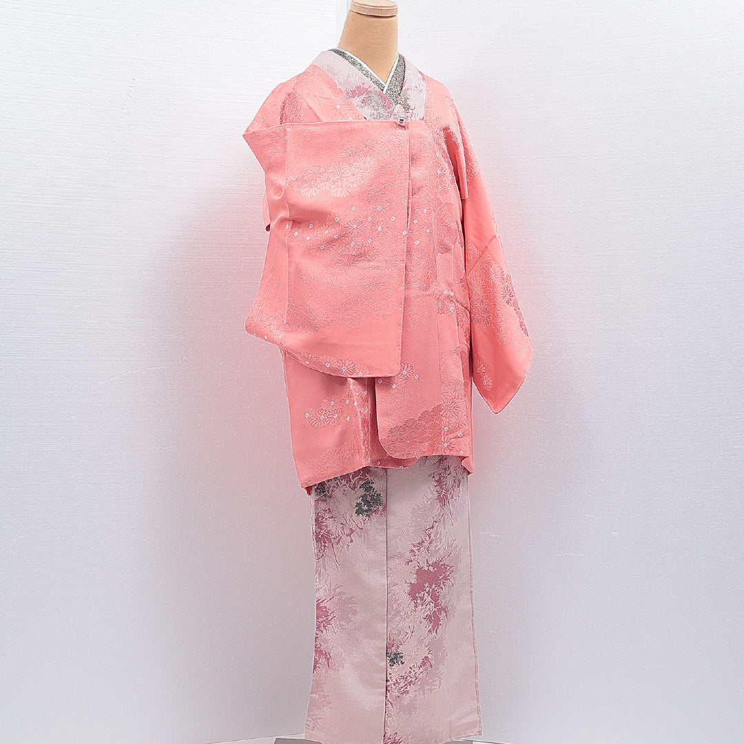 道行コート 袷 身丈85cm 裄丈63cm 正絹 Sランク セミフォーマル Sサイズ 菊 ピンク系 RP 1237-16194