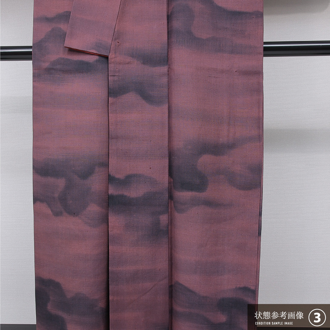 紬 袷 身丈158cm 裄丈63cm 正絹 Bランク カジュアル 広衿 Mサイズ 染め紬 雲 紫系 RP 1223-15777