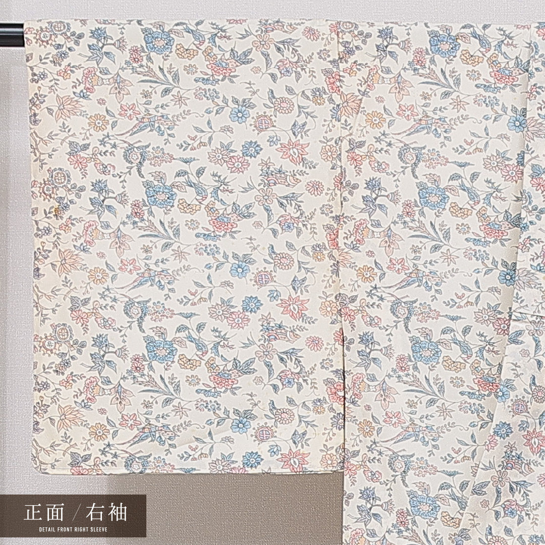 小紋 洗える着物 袷 身丈158cm 裄丈63cm ポリエステル Cランク Mサイズ 広衿 インフォーマル 菊 クリーム系 1215-15810