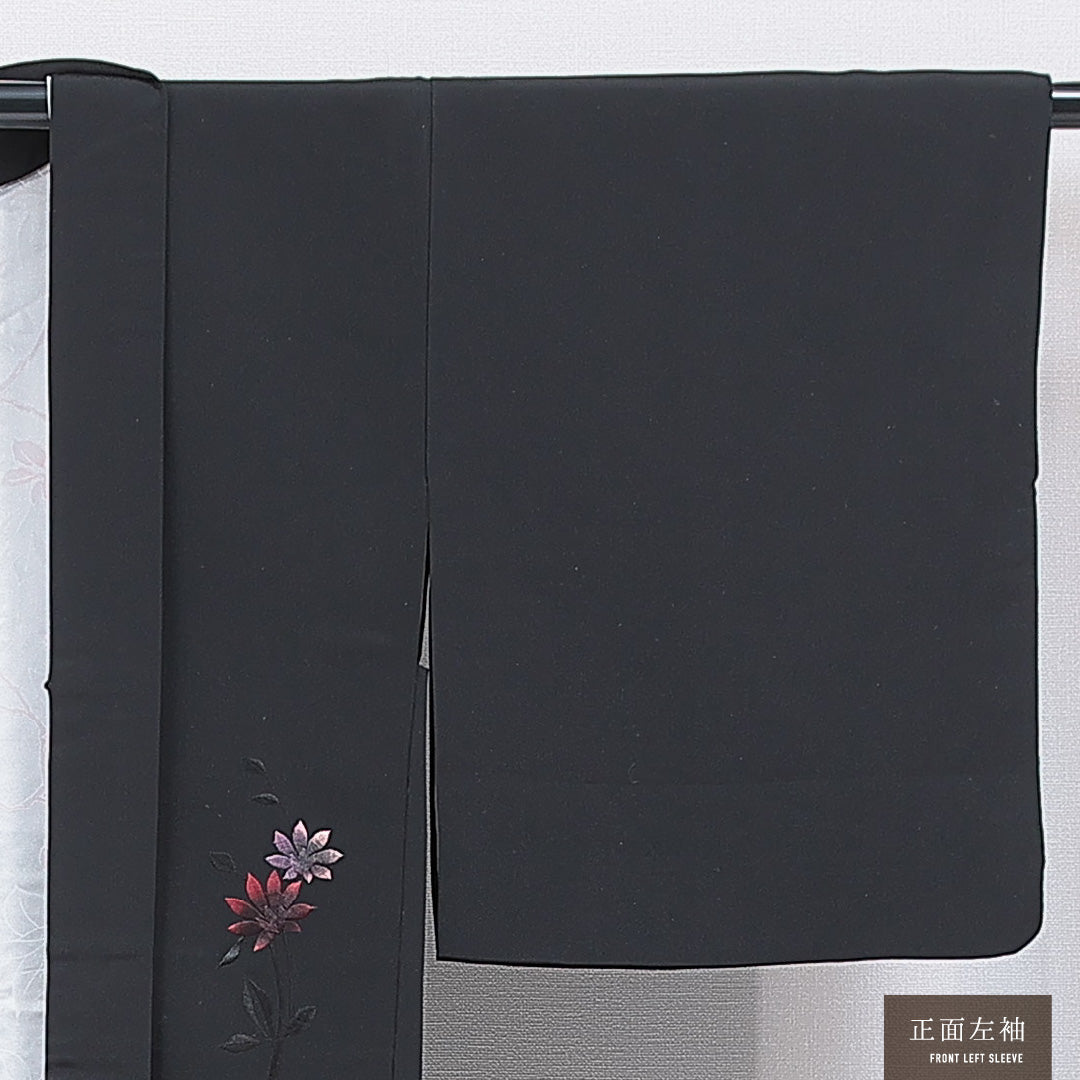黒羽織 袷 身丈82cm 裄丈63cm 正絹 Sランク インフォーマル Sサイズ 刺繍 花柄 黒系 RP 1233-16825