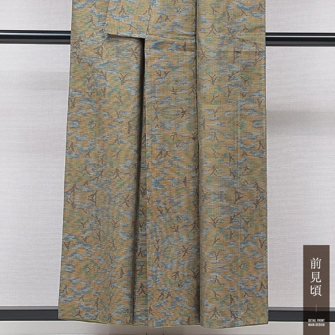 大島紬 袷 身丈153cm 裄丈63cm 正絹 Cランク インフォーマル 広衿 Sサイズ 経緯絣 創作柄 緑系 HP 1223-15696
