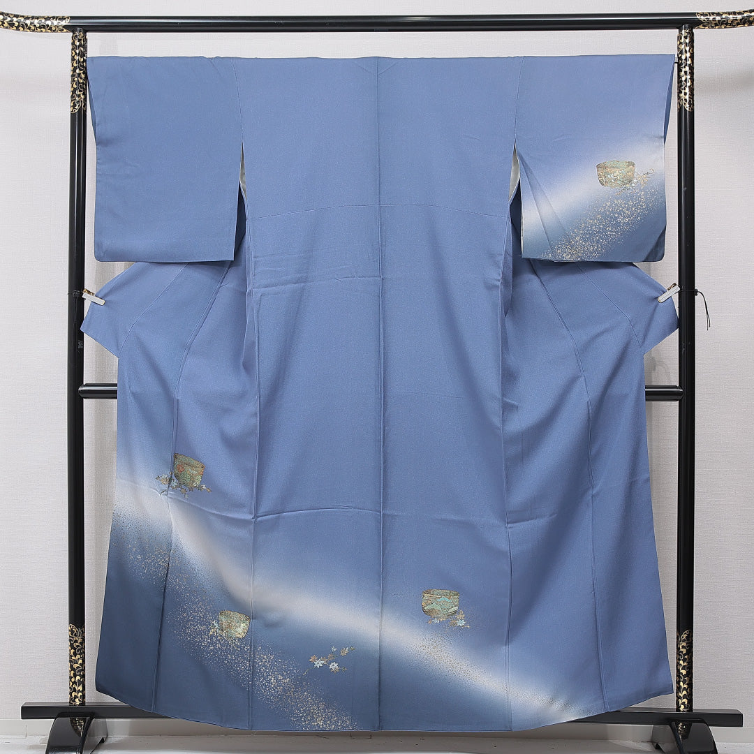 訪問着 袷 身丈160cm 裄丈66cm 正絹 Sランク セミフォーマル 広衿 Lサイズ ぼかし染 金箔 銀箔 壺 松 青系 M4 1217-15861