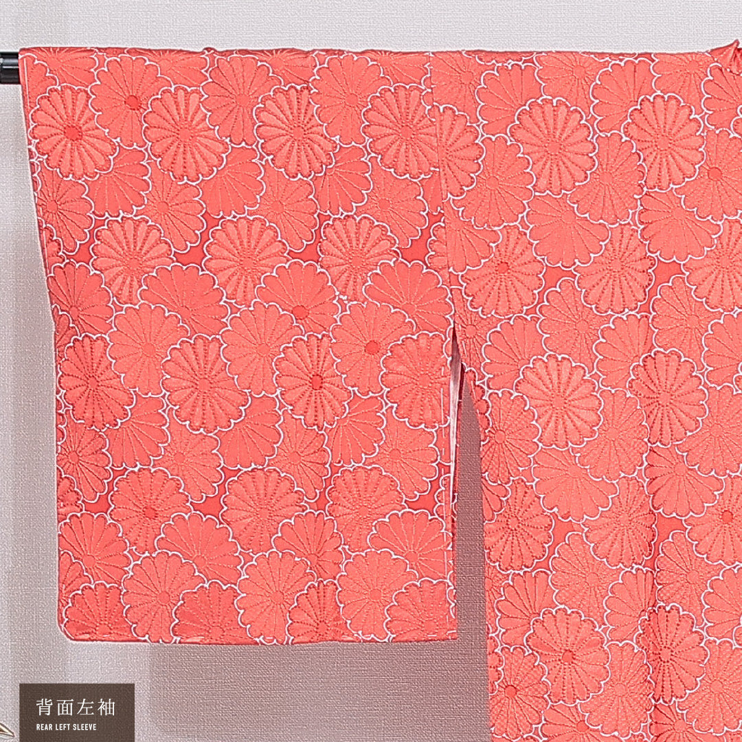 道行コート 袷 身丈86cm 裄丈64cm 正絹 Sランク セミフォーマル Mサイズ ポケットあり 菊 古典的 鮮やか 朱系 HP 1237-16161