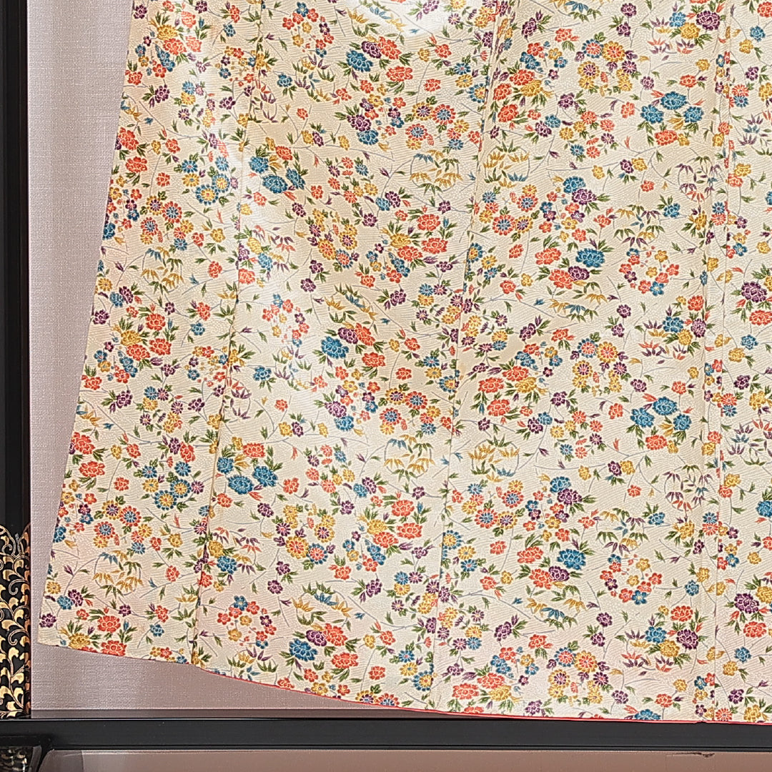 小紋 袷 身丈154cm 裄丈62cm 正絹 Cランク インフォーマル 広衿 Sサイズ 菊 牡丹 クリーム系 LP 1221-16023