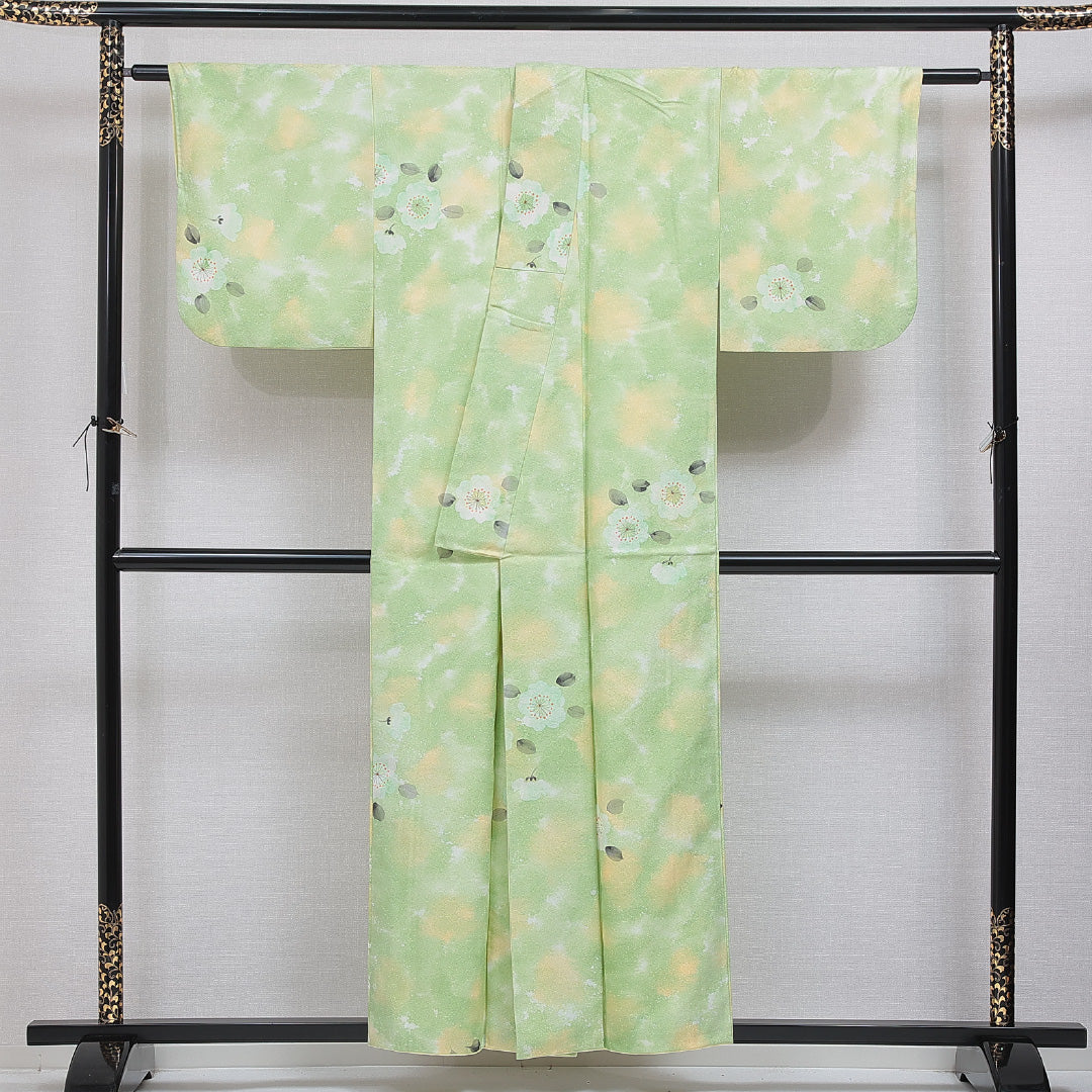 小紋 洗える着物 袷 身丈155cm 裄丈62cm ポリエステル Sランク Mサイズ 広衿 インフォーマル 七宝 桜 緑系 1215-16396