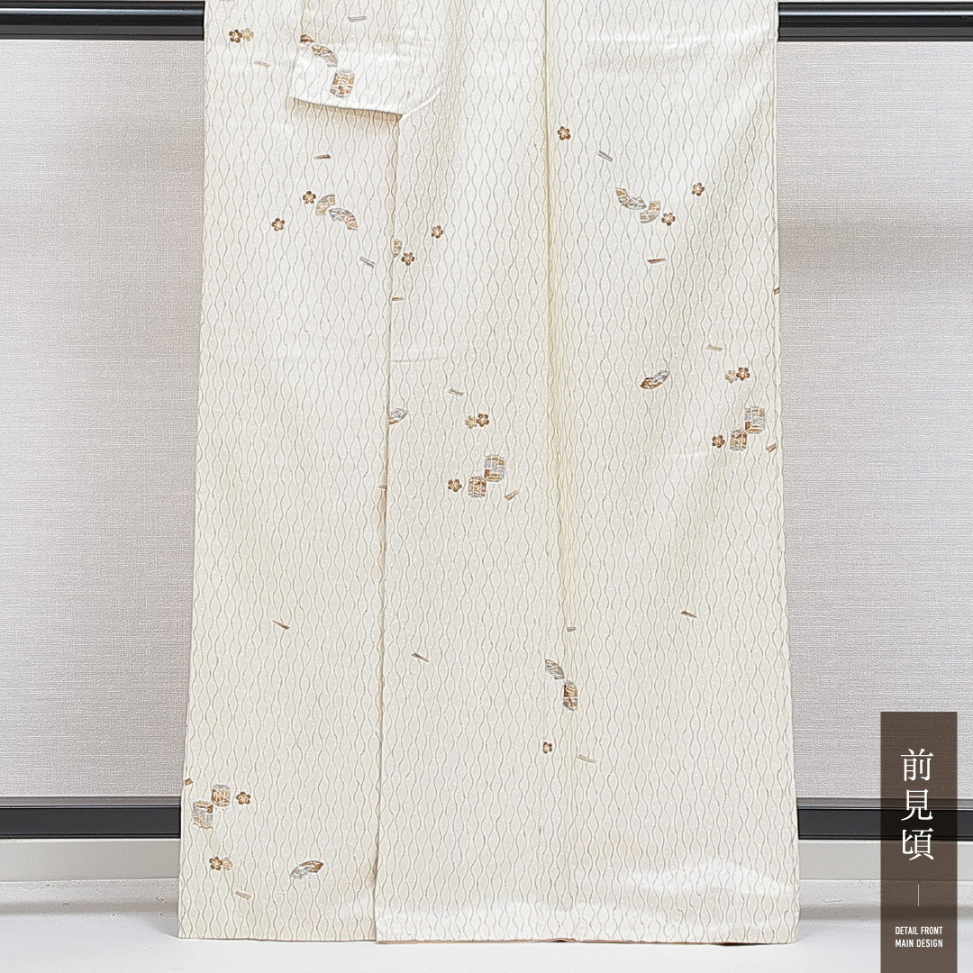 洗える着物 小紋 袷 身丈163cm 裄丈63cm ポリエステル Aランク インフォーマル 広衿 Lサイズ よろけ縞 吉祥文様 クリーム系 RP 1221-16242