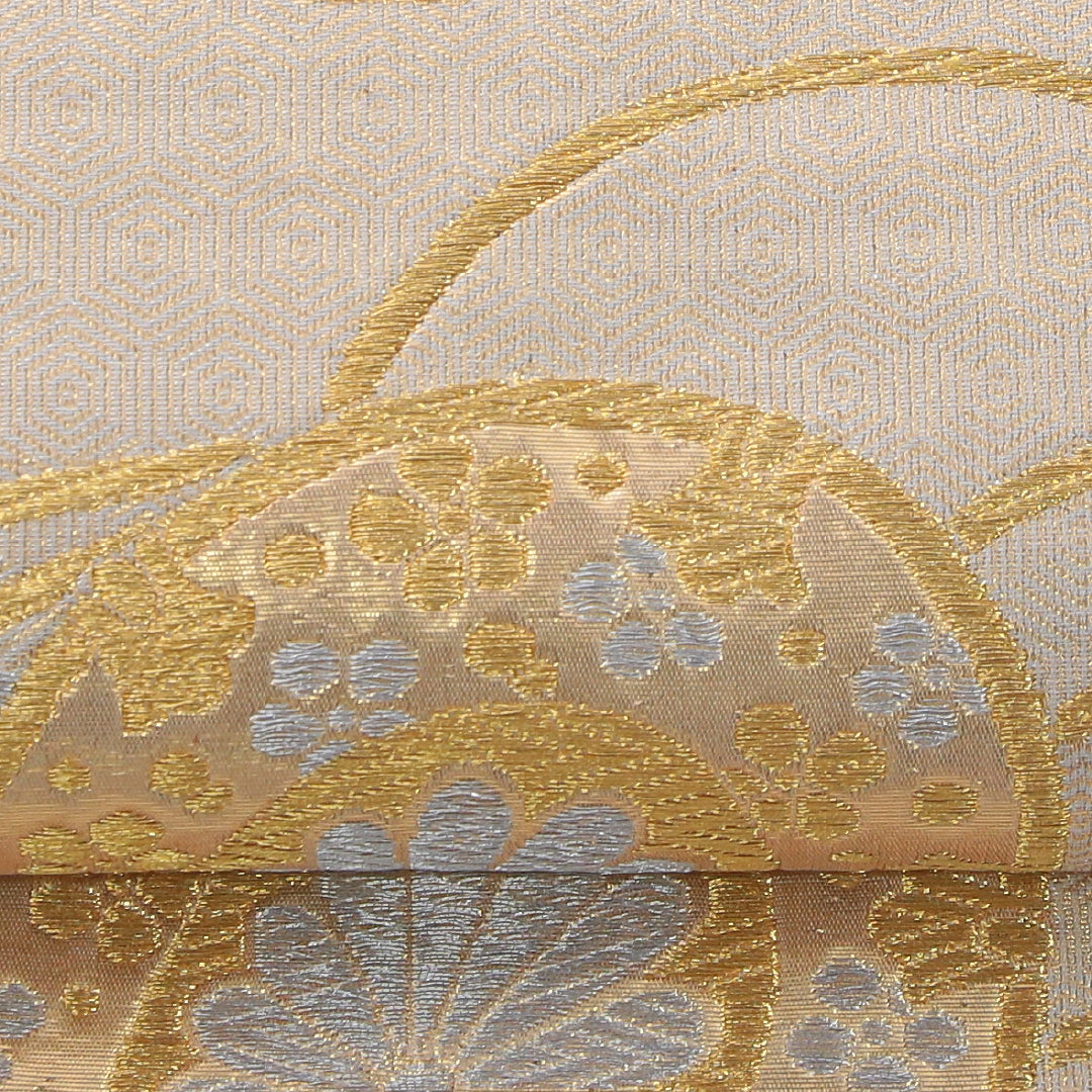 アンティーク 袋帯 帯丈416cm 六通 未仕立て 帯芯なし Aランク 正絹 鼓 金系 クリーム系 1223-02322