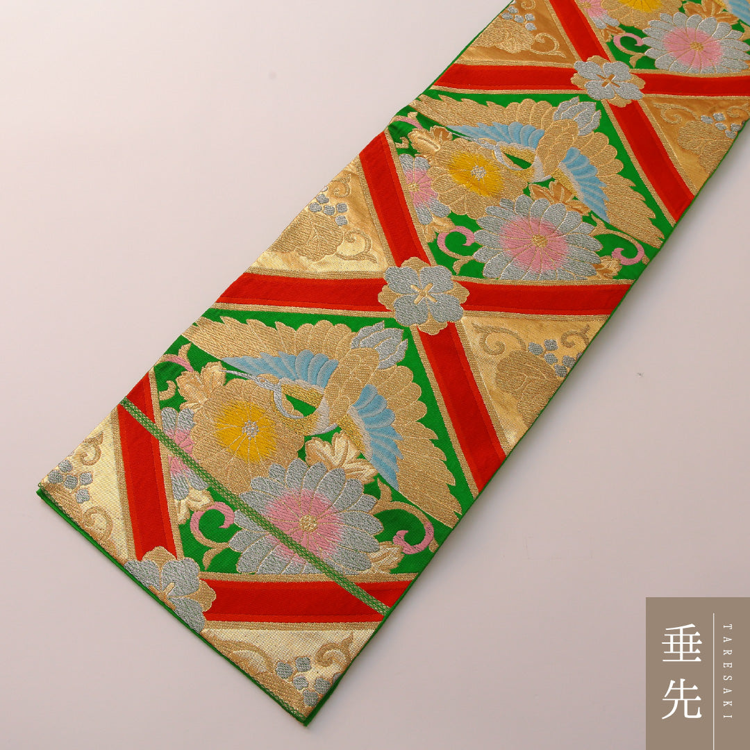 袋帯 帯丈408cm フォーマル 六通 Sランク 正絹 鶴 菊 緑系 金系 1223-01893