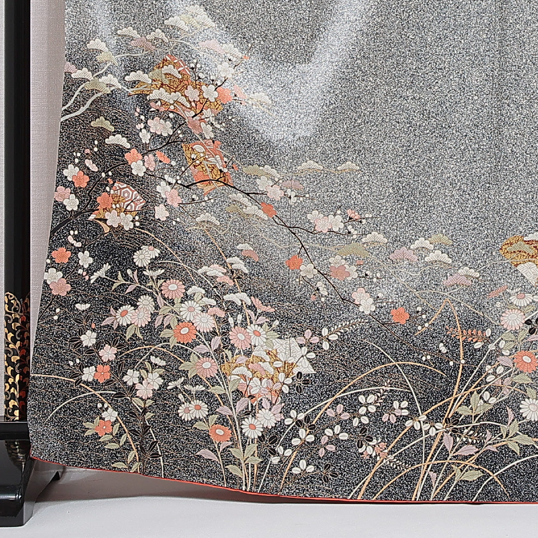 訪問着 身丈168cm 裄丈67cm 正絹 Sランク XLサイズ 広衿 セミフォーマル 梅 松 グレー系 1212-15492