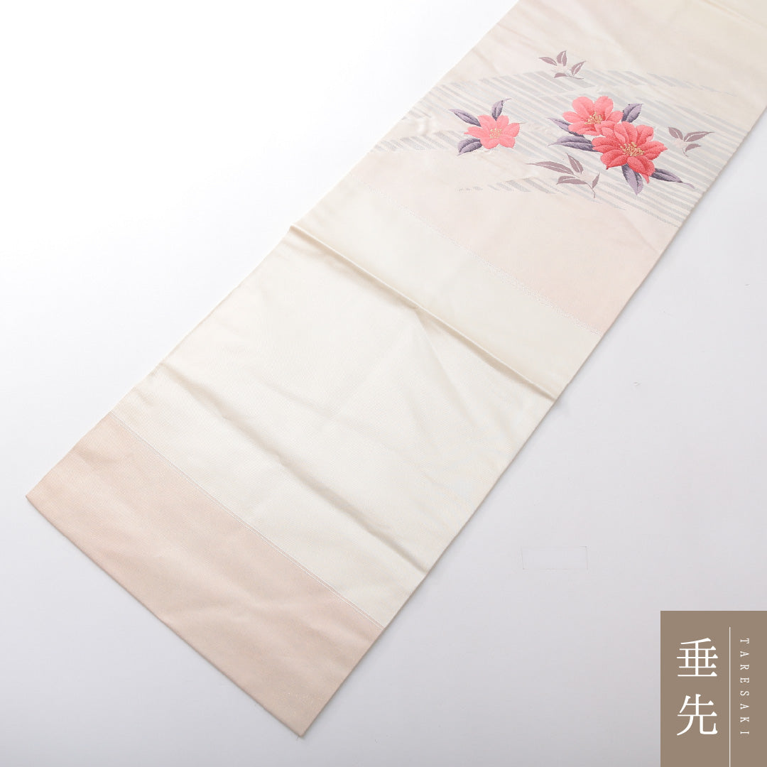 九寸名古屋帯 Aランク 帯丈348cm 正絹 ポイント柄 名古屋仕立て 織り インフォーマル 椿 淡いピンク系 RP 1245-03754