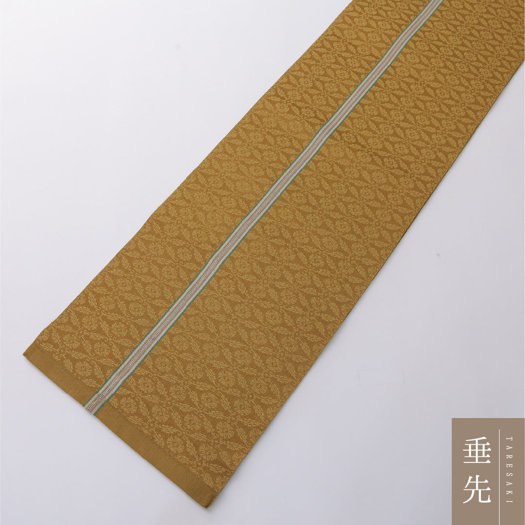 八寸名古屋帯 帯丈392cm セミフォーマル 開き仕立て 全通 Sランク 正絹 唐草 菊 黄系 緑系 1224-03284