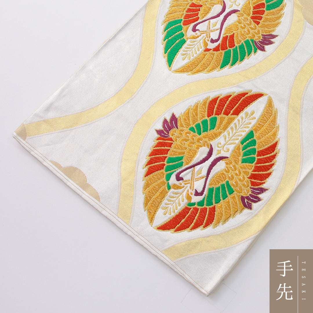 袋帯 帯丈420cm フォーマル 六通 帯芯なし Sランク 正絹 向かい鳥 よろけ縞 白系 1223-02245