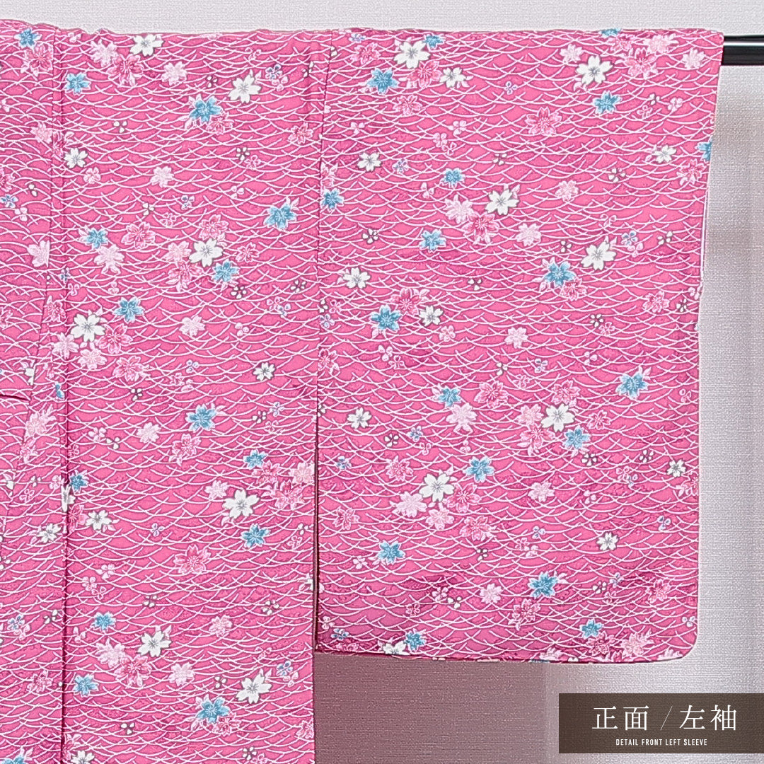 洗える着物 小紋 袷 身丈158cm 裄丈64cm ポリエステル Sランク インフォーマル 広衿 Mサイズ 芝草 桜 ピンク系 RP 1221-16060