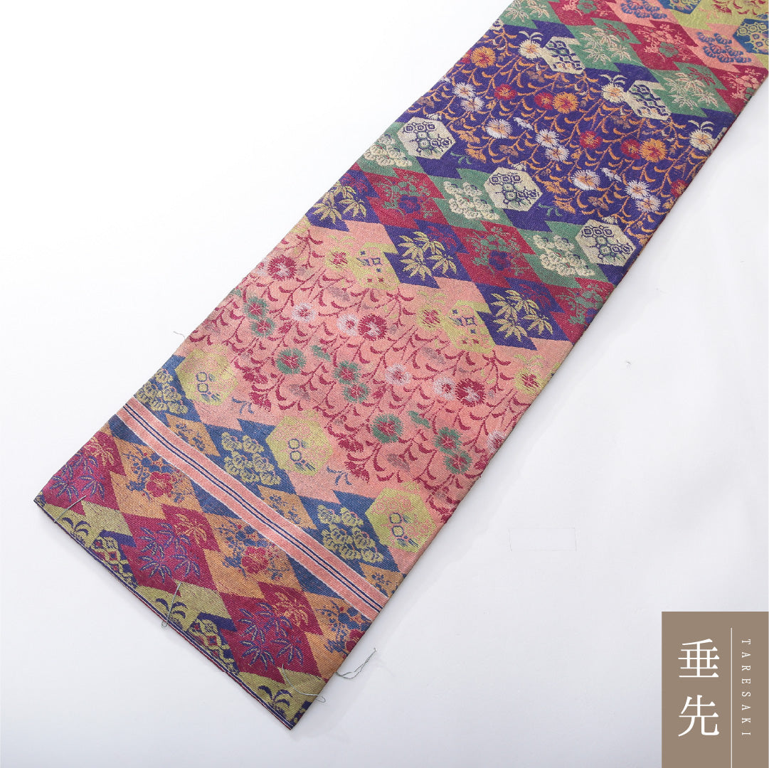アンティーク 九寸名古屋帯 帯丈376cm 開き仕立て 全通 Dランク 正絹 蒲公英 吉祥文様 多色系 1224-03884