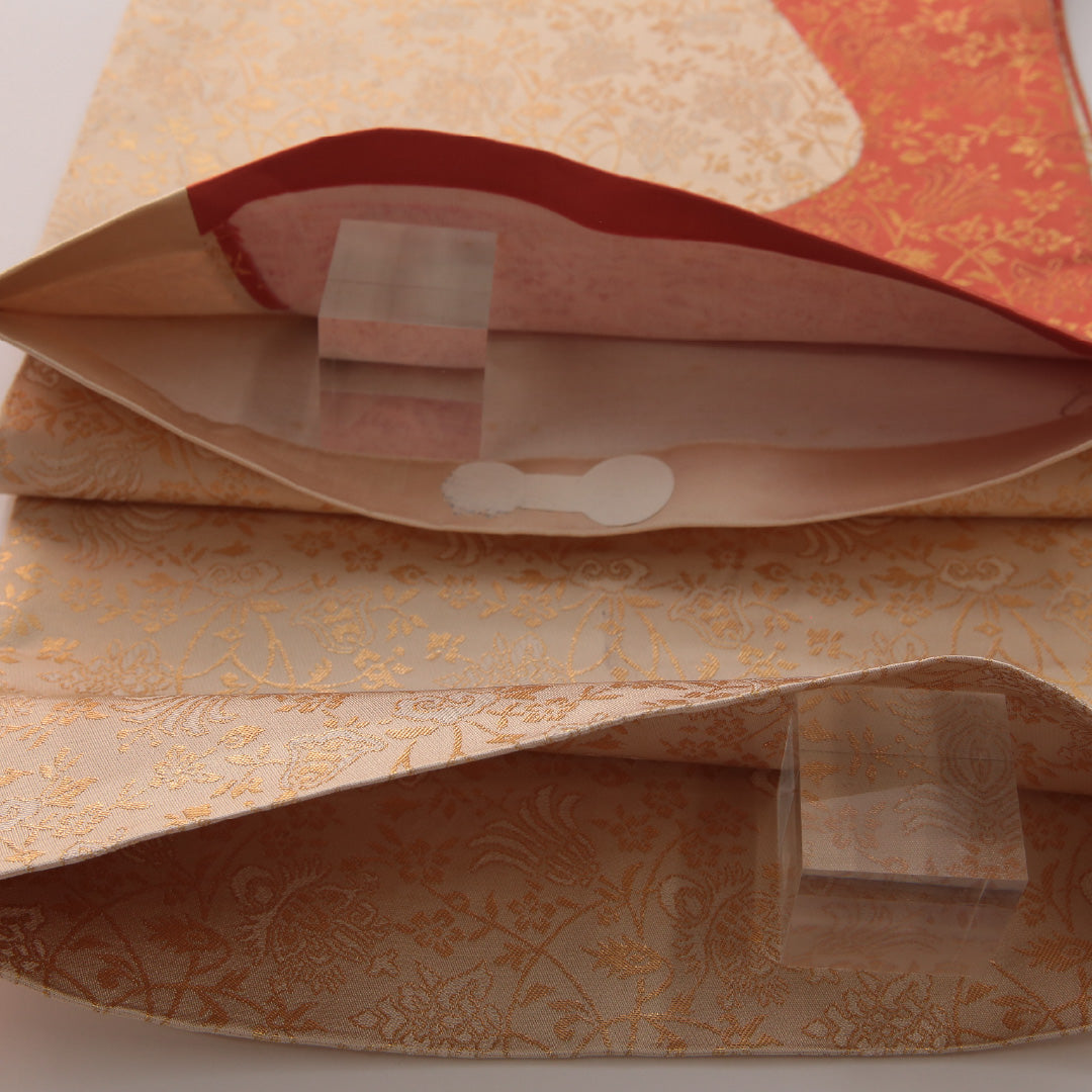 袋帯 帯丈448cm セミフォーマル ポイント柄 未仕立て 帯芯なし Aランク 正絹 唐草 クリーム系 朱系 1223-01888