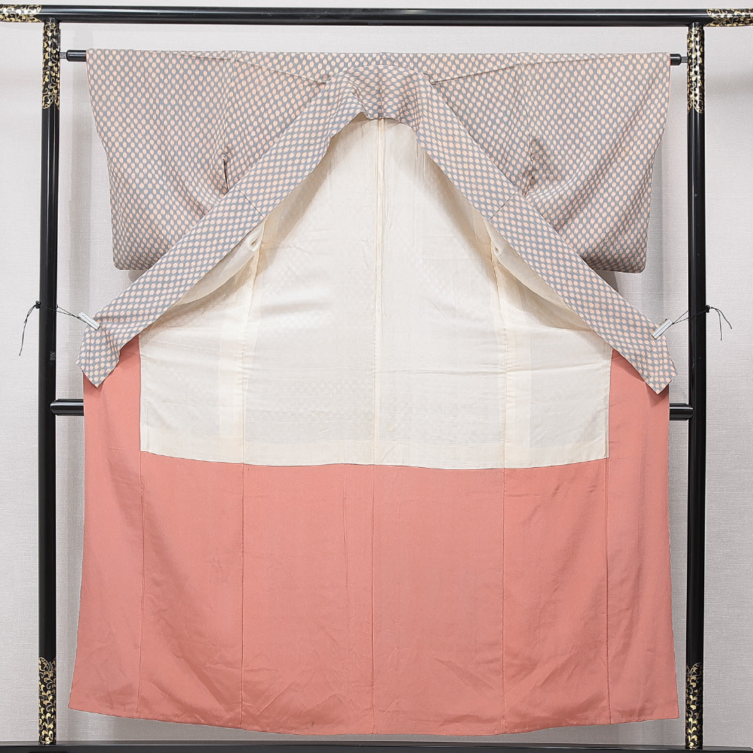 紬 袷 身丈157cm 裄丈63cm 正絹 Cランク Mサイズ 広衿 カジュアル ドット グレー系 1216-15658