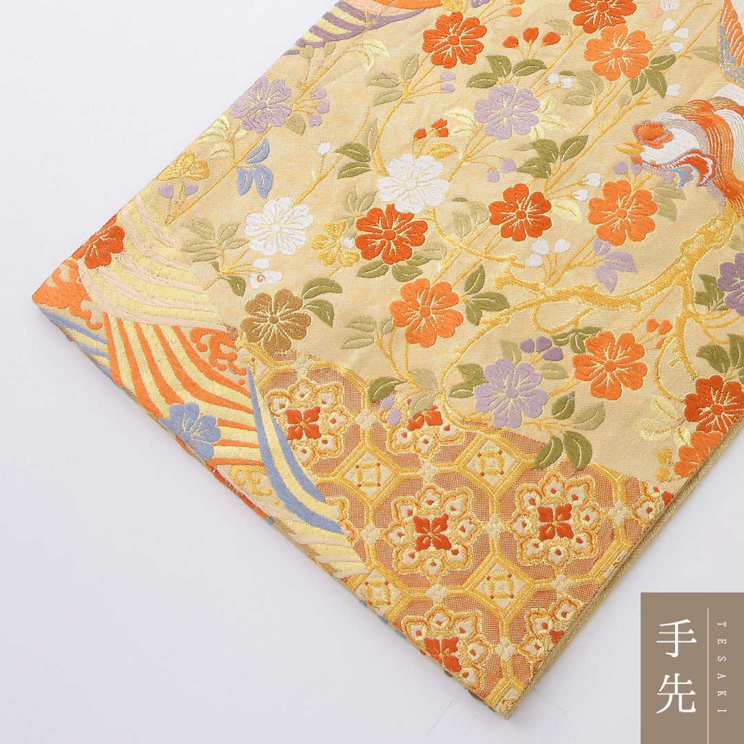 袋帯 帯丈444cm 正絹 六通 フォーマル 花喰鳥 蜀江 金系 1243-02184
