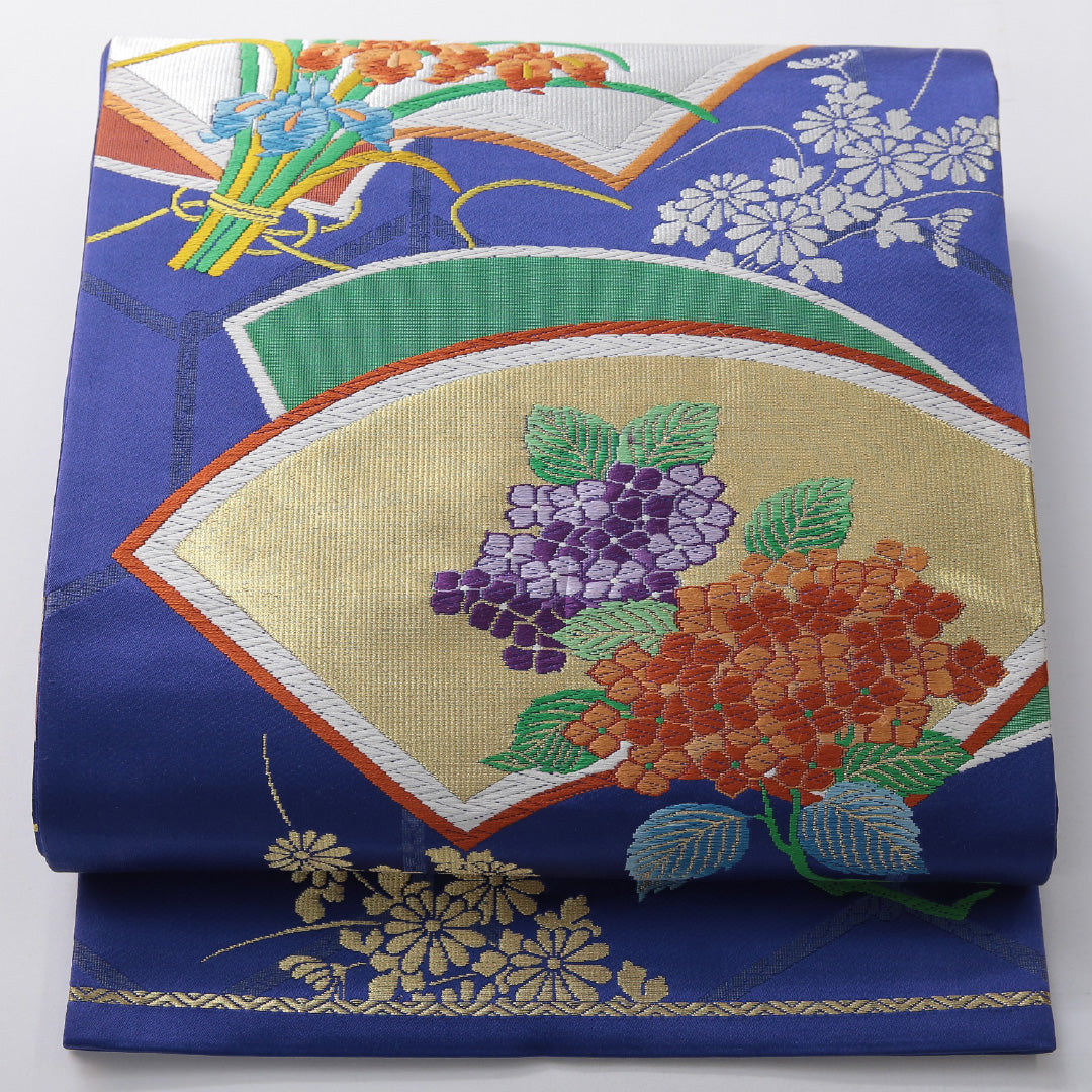 新古品 袋帯 帯丈432cm フォーマル 六通 Nランク 正絹 唐織 扇 紫陽花 しつけ糸 朱系 1223-02081