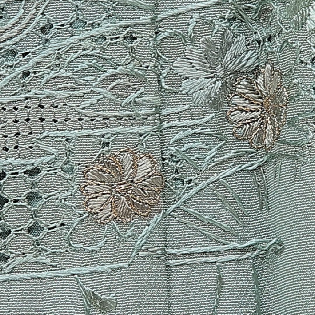 付下げ 袷 身丈153cm 裄丈60cm 正絹 Sランク Sサイズ 広衿 インフォーマル 扇 梅 蘇州刺繍 汕頭刺繡 緑系 1261-15675