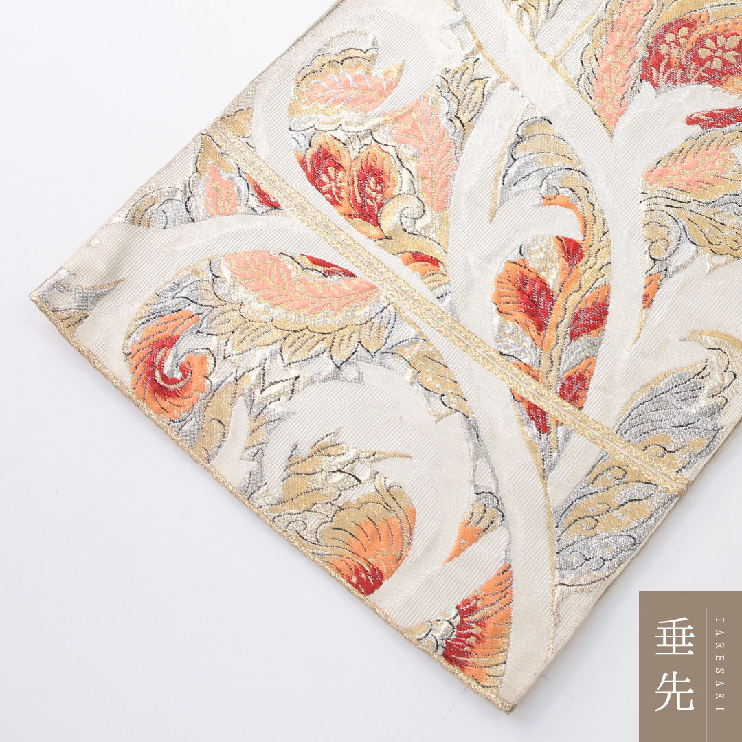 袋帯 帯丈410cm セミフォーマル 六通 未仕立て Cランク 正絹 唐華 クリーム系 1223-02228