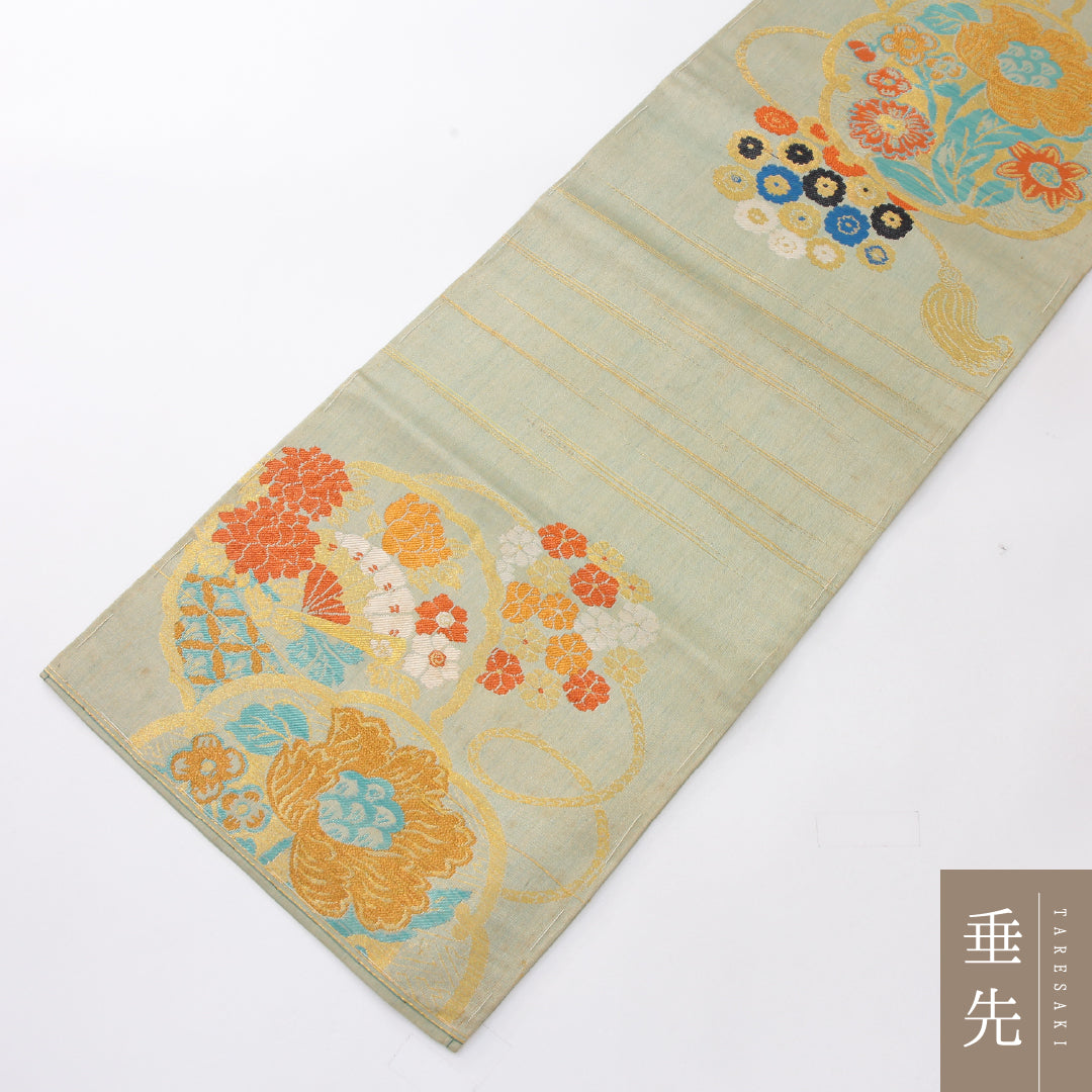 アンティーク 九寸名古屋帯 帯丈342cm 名古屋仕立て 六通 Cランク 正絹 花柄 緑系 1224-04048