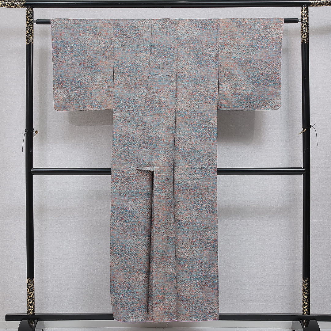 洗える着物 小紋 袷 身丈154cm 裄丈62cm ポリエステル Aランク インフォーマル 広衿 Sサイズ 古典柄 グレー系 RP 1221-16097