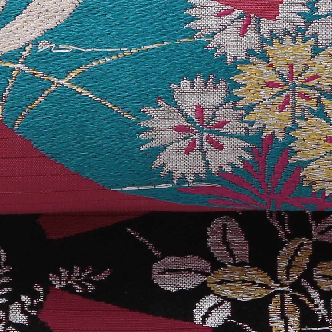 アンティーク 九寸名古屋帯 帯丈339cm 名古屋仕立て ポイント柄 Aランク 正絹 源氏車 花柄 ピンク系 1224-03695