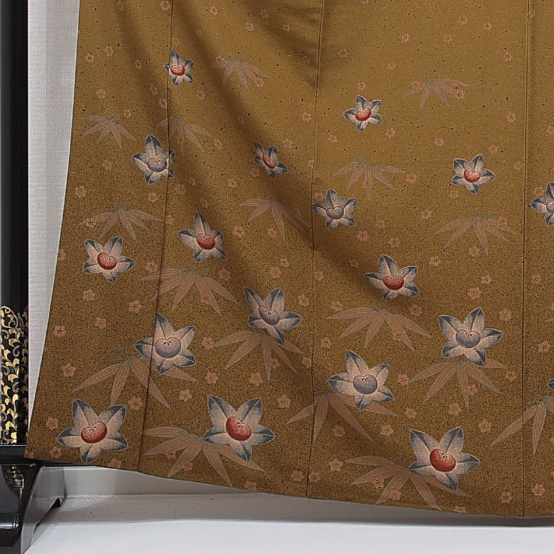 付下げ 洗える着物 袷 身丈165cm 裄丈66cm ポリエステル Sランク XLサイズ 広衿 インフォーマル 梅 笹 茶系 1261-15677