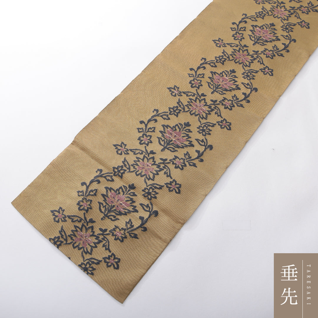 八寸名古屋帯 Aランク 帯丈327cm 正絹 全通 名古屋仕立て 織り カジュアル 花柄 ベージュ系 RP 1245-03927