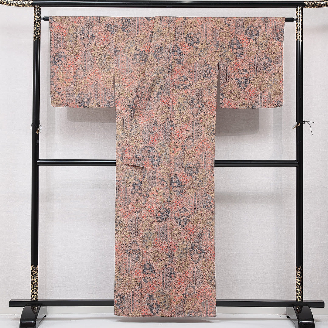 小紋 単衣 身丈159cm 裄丈66cm 正絹 Sランク インフォーマル 広衿 Mサイズ 染め紬 アラベスク文様 多色系 RP 1221-15327