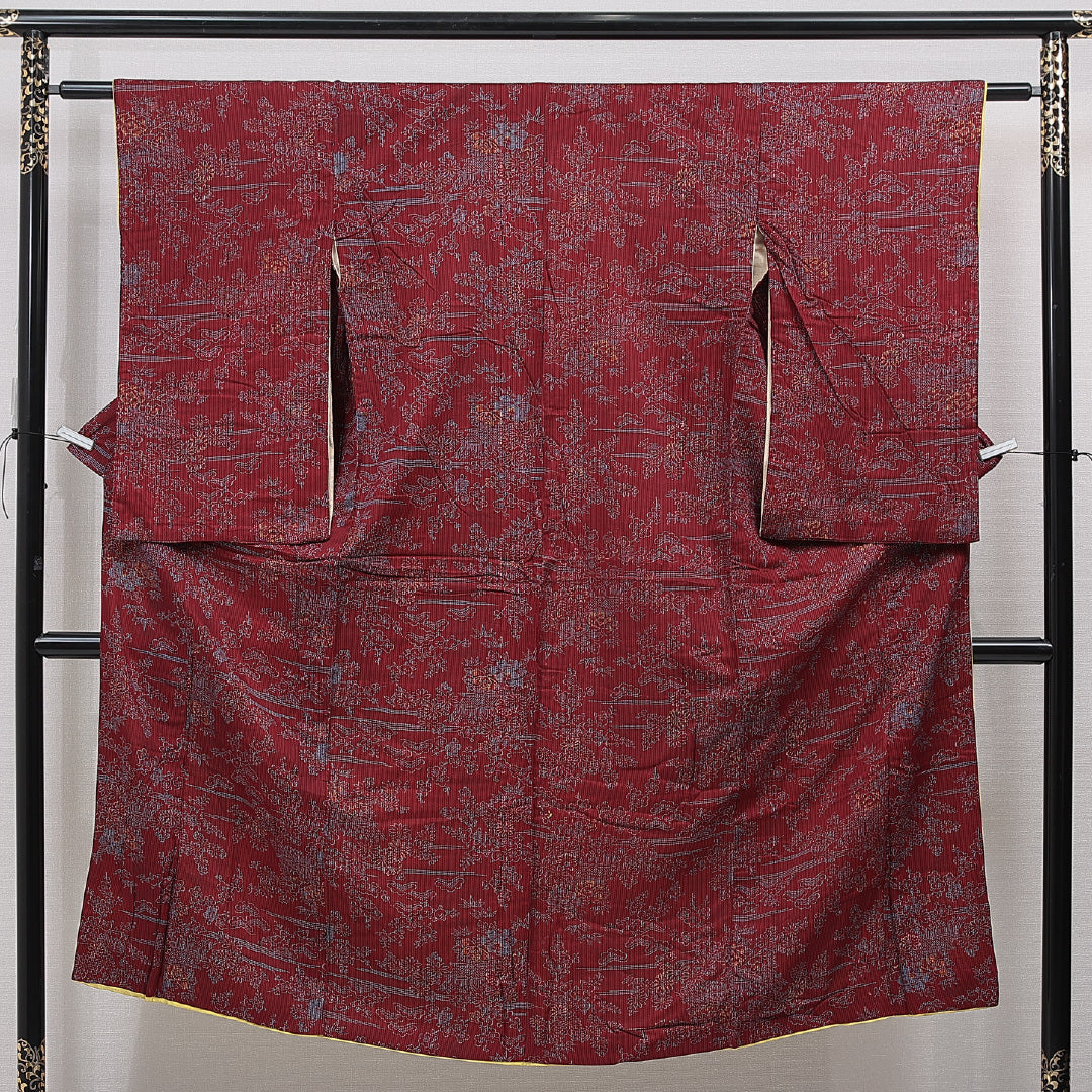 アンティーク 小紋 袷 身丈138cm 裄丈60cm 正絹 Bランク 広衿 XSサイズ 染め紬 菊 赤系 RP 1221-15512