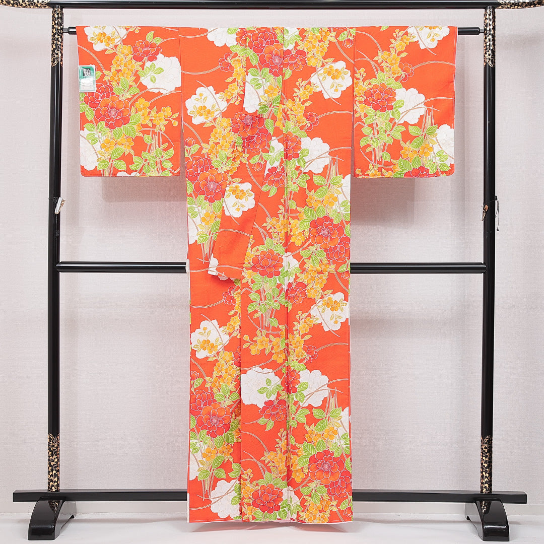 小紋 洗える着物 袷 身丈160cm 裄丈64cm ポリエステル Cランク Lサイズ 広衿 インフォーマル 花柄 朱系 1215-15035