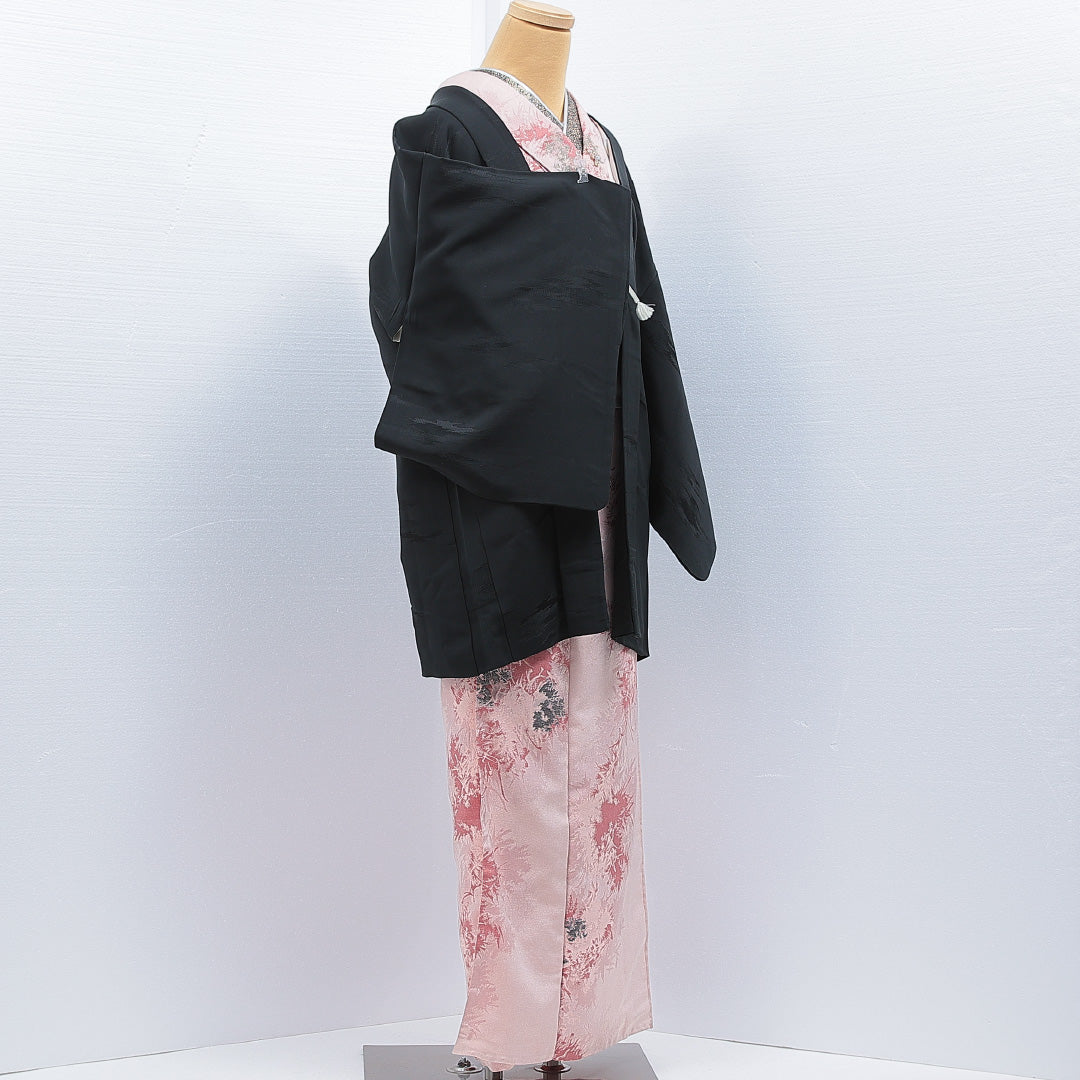 黒羽織 袷 身丈80cm 裄丈64cm 正絹 Aランク 一つ紋 (五三桐) セミフォーマル Mサイズ 無地 黒系 RP 1233-16830