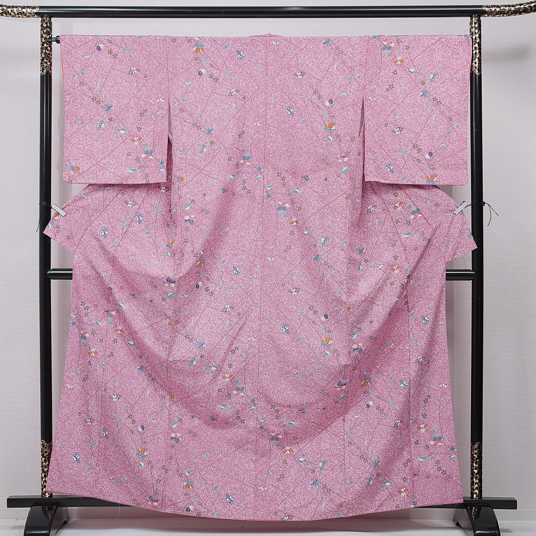 小紋 洗える着物 袷 身丈163cm 裄丈66cm ポリエステル Aランク Lサイズ 広衿 インフォーマル 桜 ピンク系 1215-15795