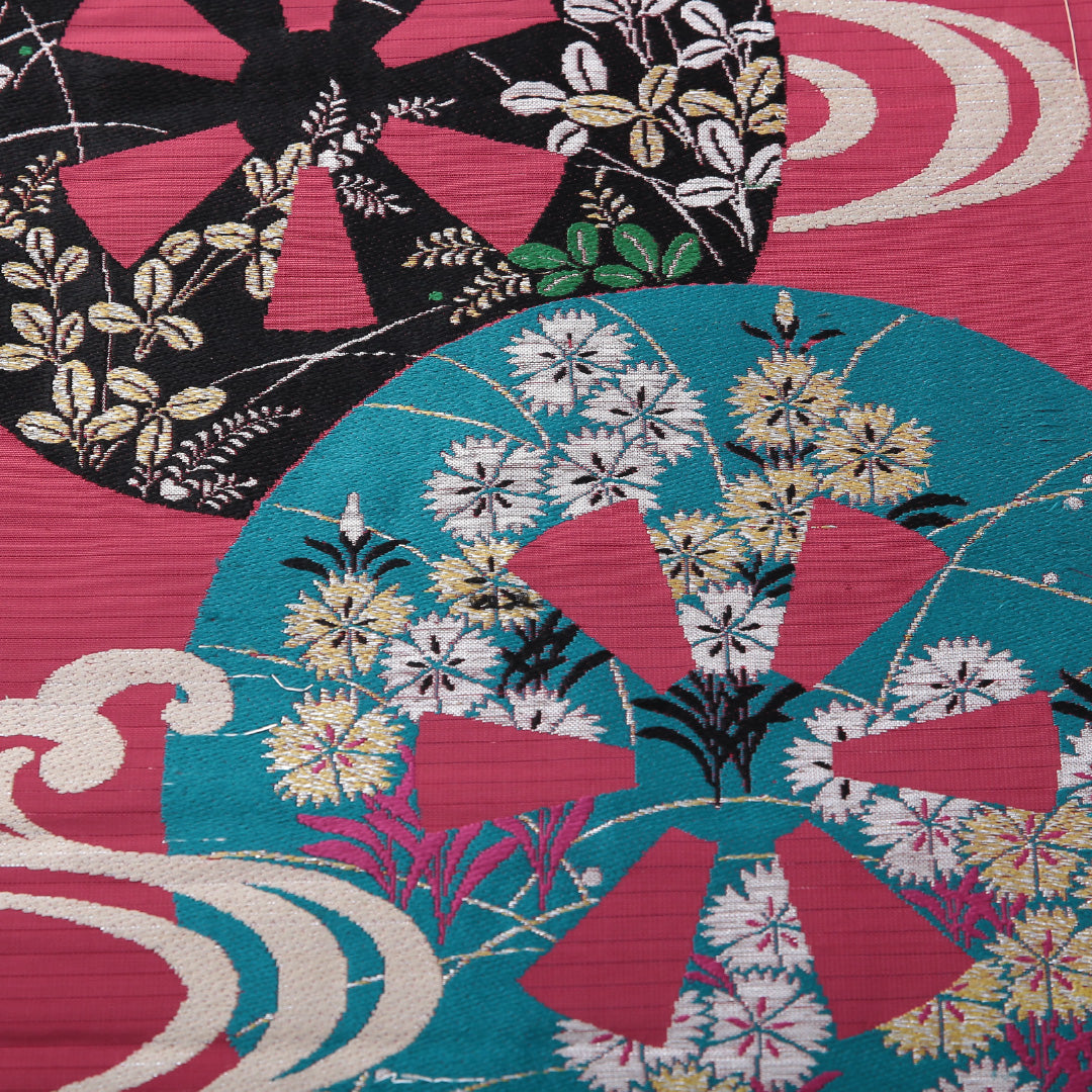 アンティーク 九寸名古屋帯 帯丈339cm 名古屋仕立て ポイント柄 Aランク 正絹 源氏車 花柄 ピンク系 1224-03695