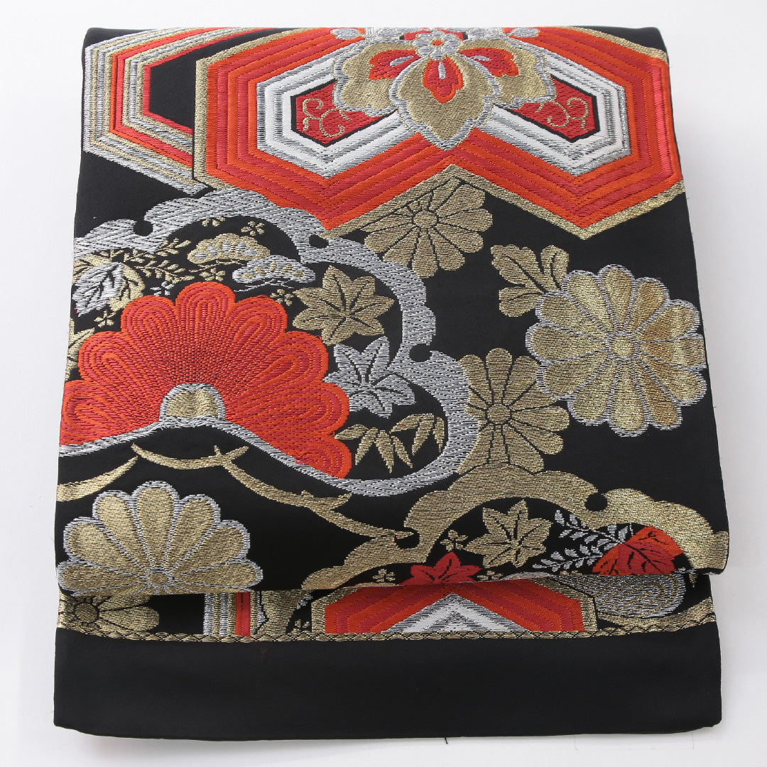 袋帯 帯丈414cm フォーマル 六通 未仕立て 帯芯なし Aランク 正絹 毘沙門亀甲 菊 黒系 1223-02229