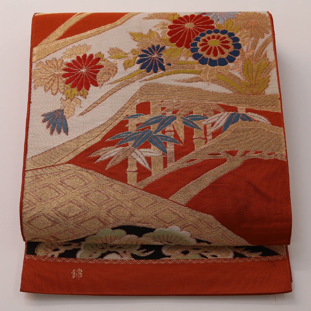 袋帯 帯丈400cm フォーマル 六通 未仕立て 帯芯なし Cランク 正絹 菱 菊 笹 朱系 金系 1223-01902