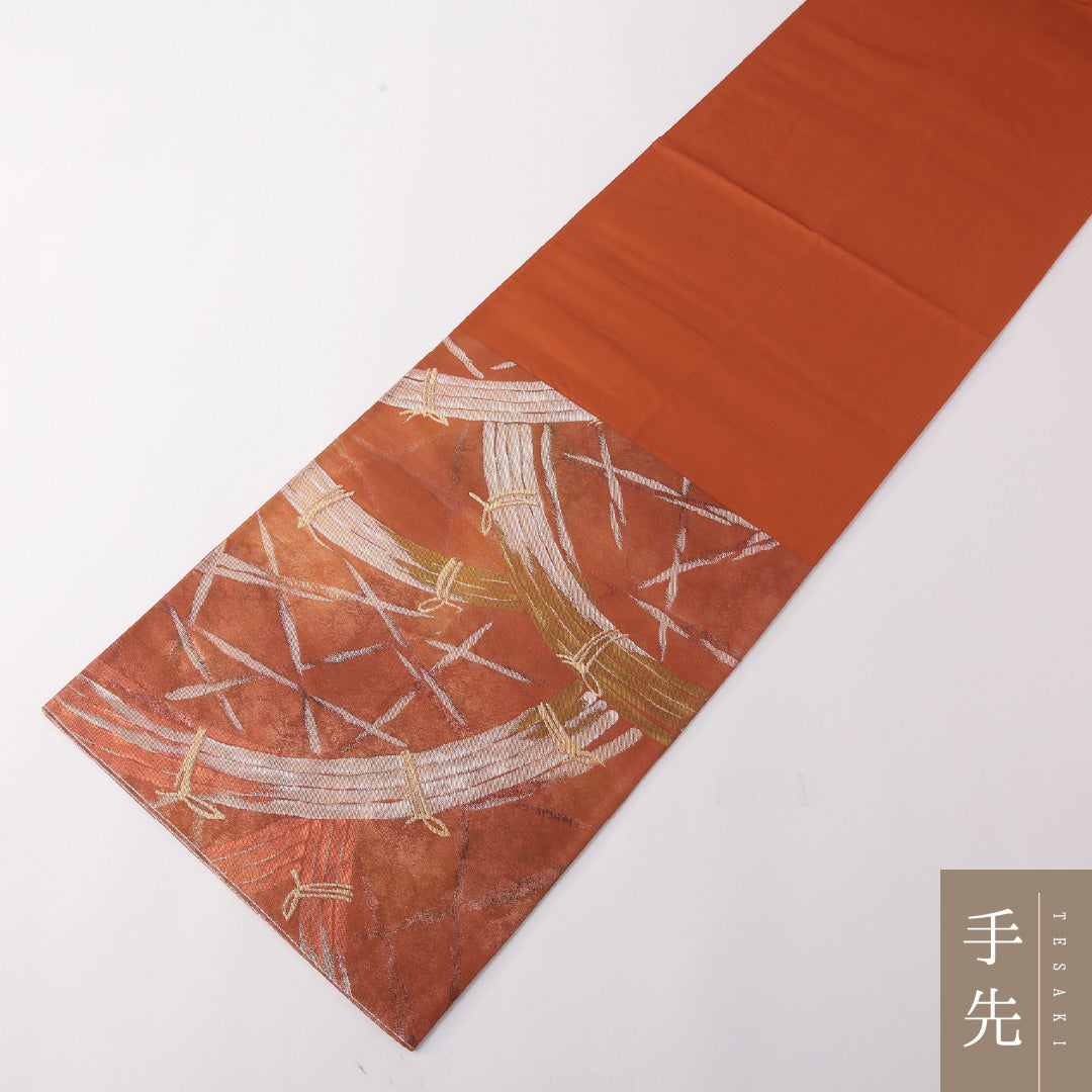 袋帯 帯丈428cm 正絹 六通 セミフォーマル 光悦垣 ピンク系 朱系 1243-01775