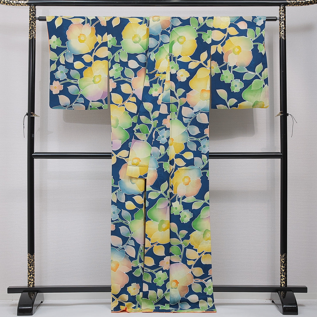 小紋 袷 身丈169cm 裄丈65cm 正絹 Sランク インフォーマル 広衿 XLサイズ 椿 紺系 RP 1221-15363