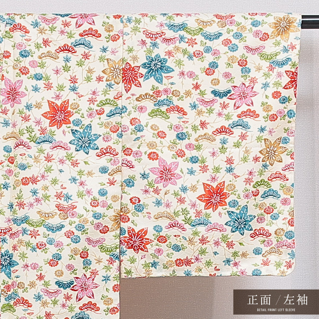 洗える着物 小紋 袷 身丈157cm 裄丈62cm ポリエステル Cランク インフォーマル 広衿 Mサイズ 笠松 紅葉 クリーム系 LP 1221-16270