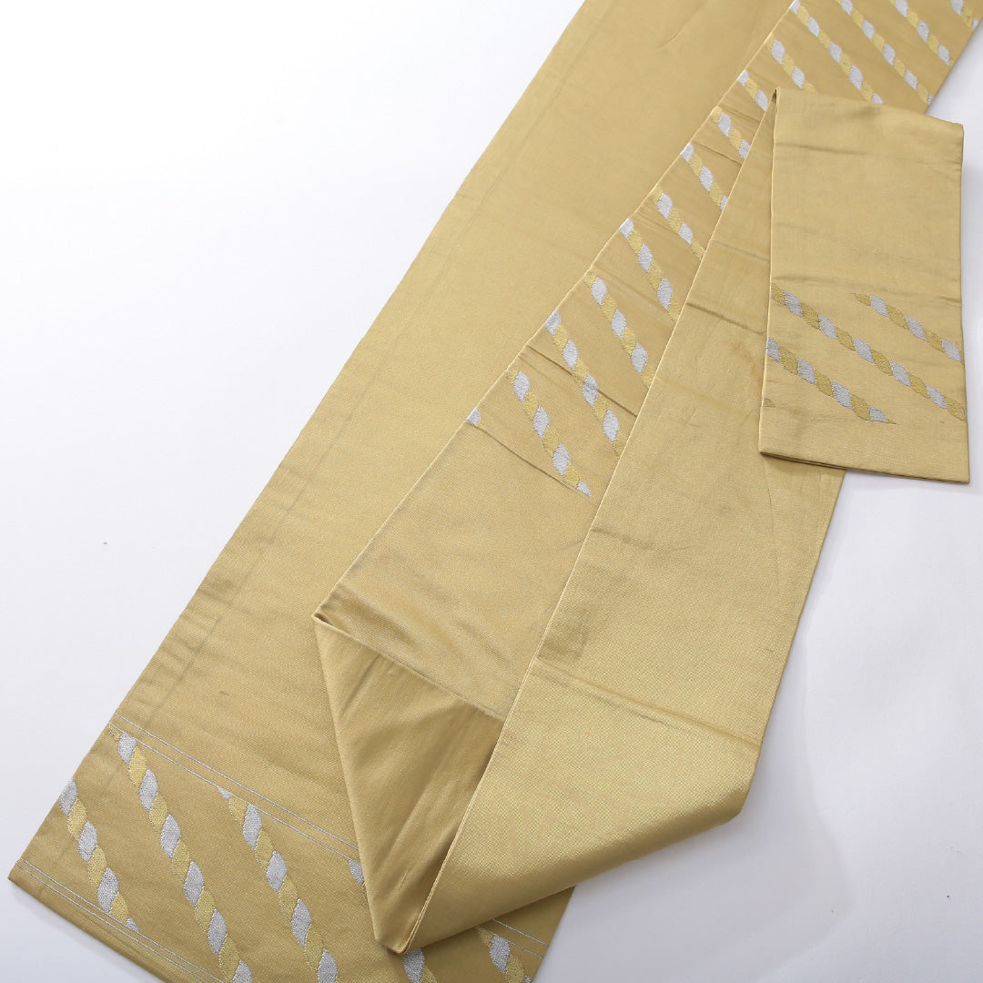 九寸名古屋帯 帯丈347cm インフォーマル 名古屋仕立て 六通 Cランク 正絹 創作柄 黄系 緑系 1224-03948