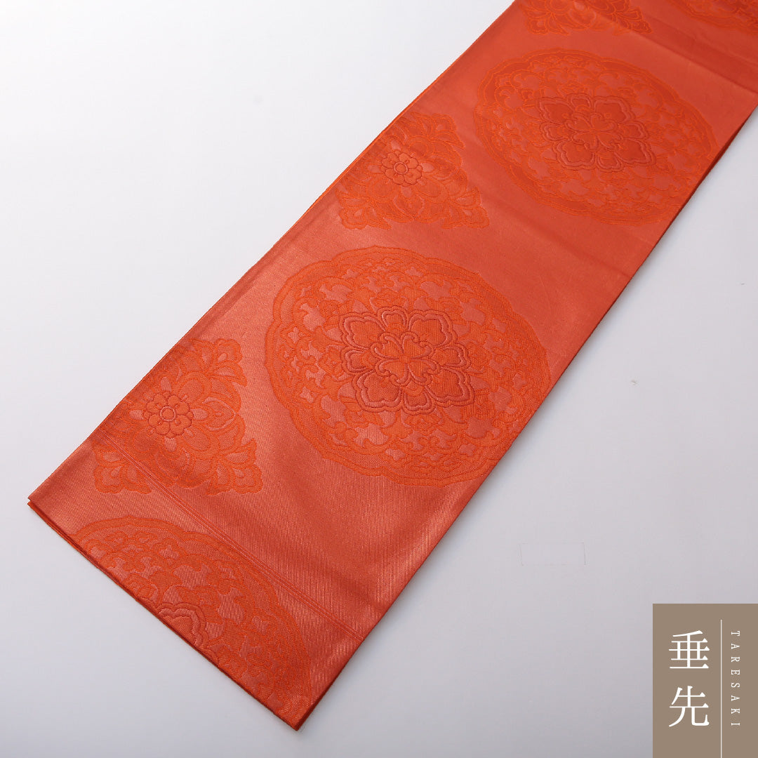 袋帯 帯丈420cm 正絹 六通 帯芯なし セミフォーマル 鏡裏文 朱系 1243-02004