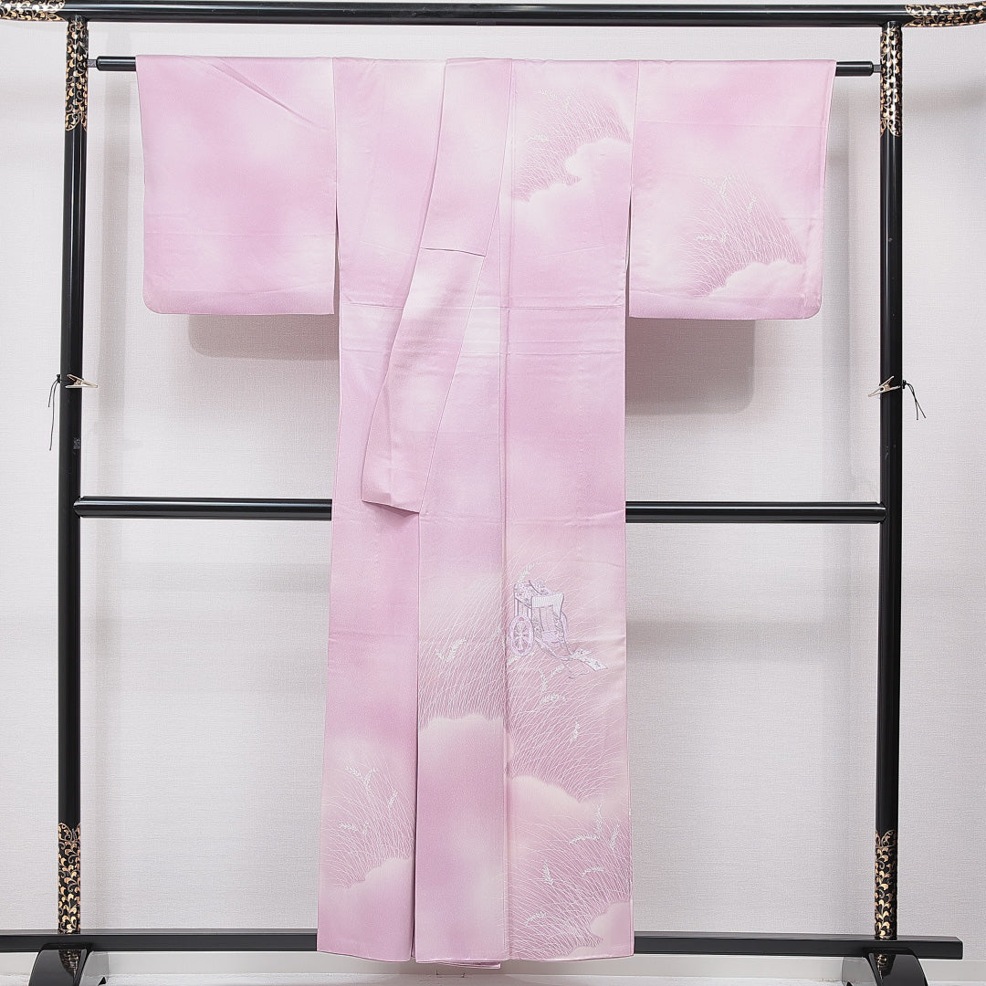 訪問着 袷 身丈154cm 裄丈64cm 正絹 Cランク Sサイズ 広衿 セミフォーマル 御所車 紫系 ピンク系 1212-15646