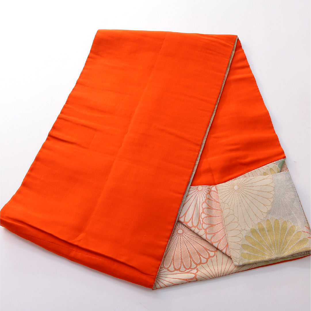 アンティーク 九寸名古屋帯 帯丈244cm 松葉仕立て 全通 Cランク 正絹 菊 クリーム系 1224-03815