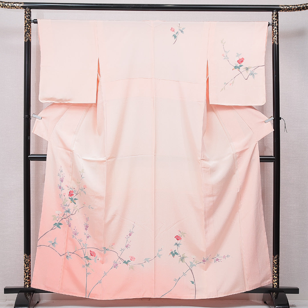 訪問着 袷 身丈160cm 裄丈64cm 正絹 Sランク Lサイズ 広衿 セミフォーマル 加賀友禅 花柄 ピンク系 1212-15703