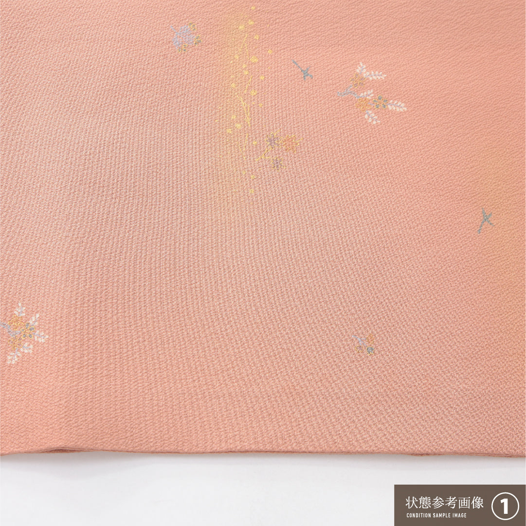 九寸名古屋帯 Aランク 帯丈336cm 正絹 全通 開き仕立て 染め インフォーマル ちりめん 花柄 朱の混ざったピンク系 RP 1245-04106