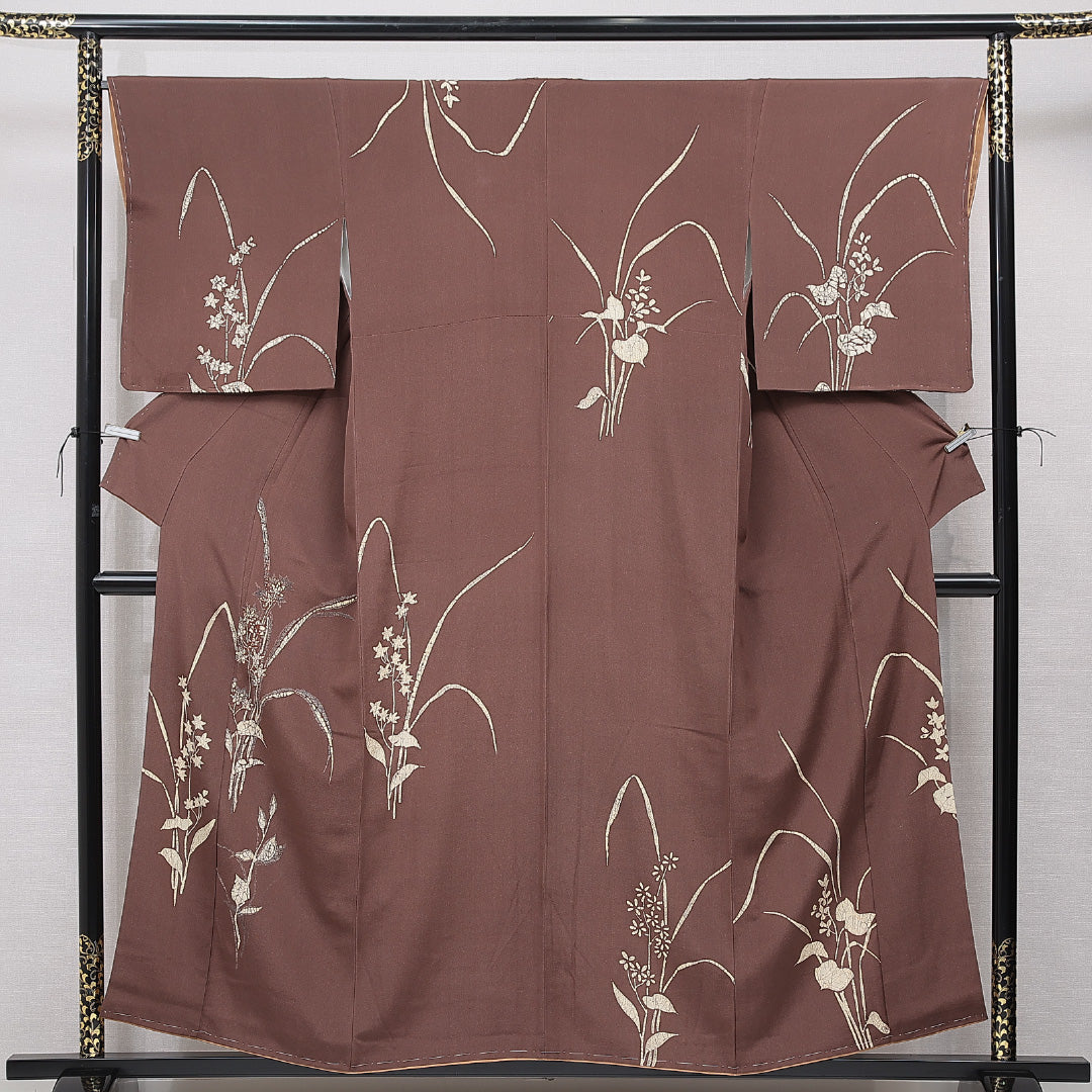 付下げ 袷 身丈155cm 裄丈66cm 正絹 Cランク Mサイズ 広衿 インフォーマル 花柄 茶系 1261-15776